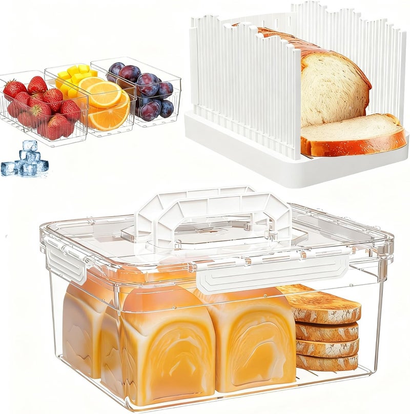 LLMRR Bread Box with Slicer & Ice Chilled Condiment Caddy, Portable Airtight Bread Storage Container with Lid Handle for Kitchen Counter, Bread Keeper for Homemade Bread,Toast, Bagel, Cookies, White - Image 1